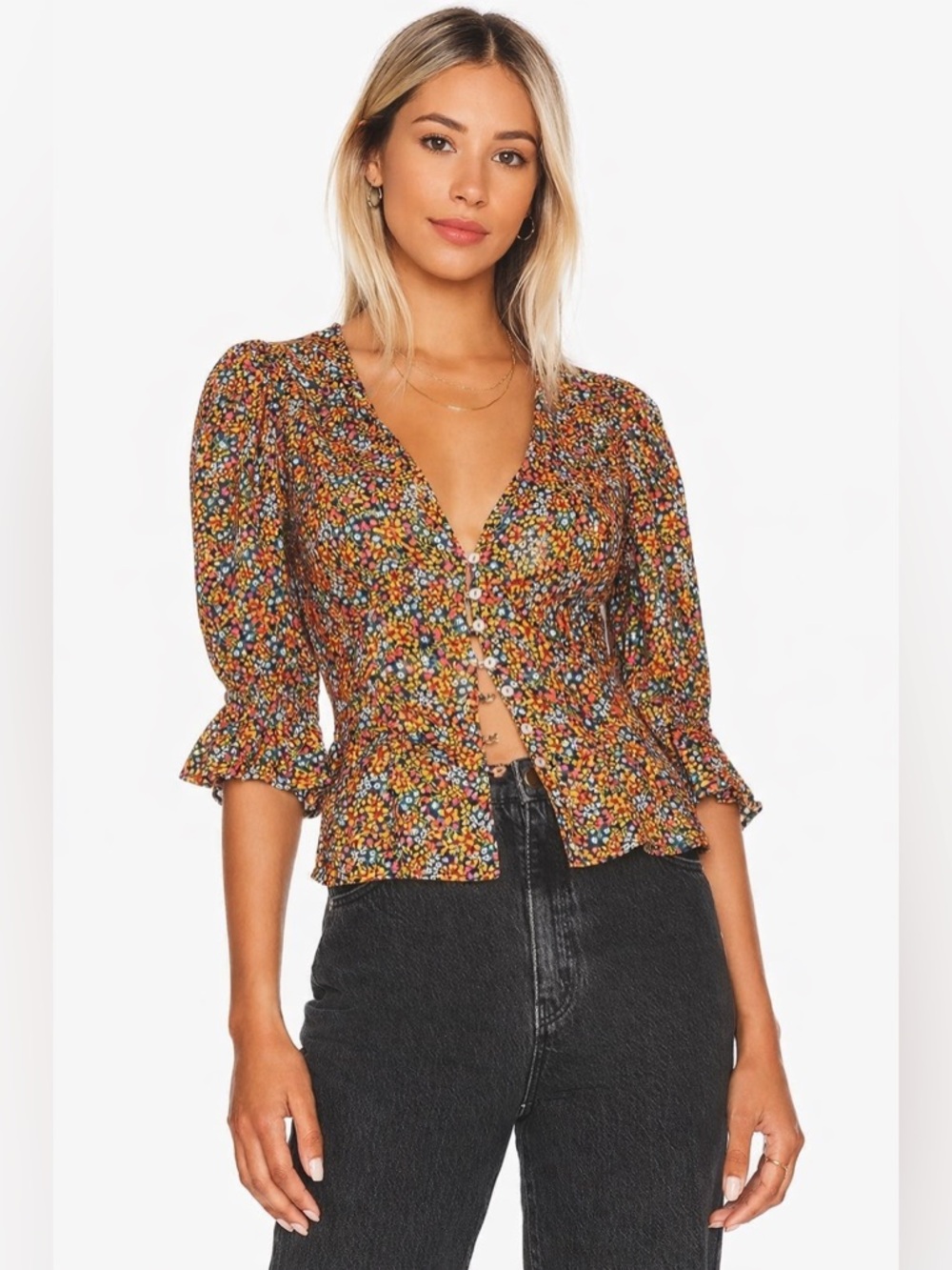 NWOT Free People I Found You Floral Button Front Blouse Medium Orange Boho Top